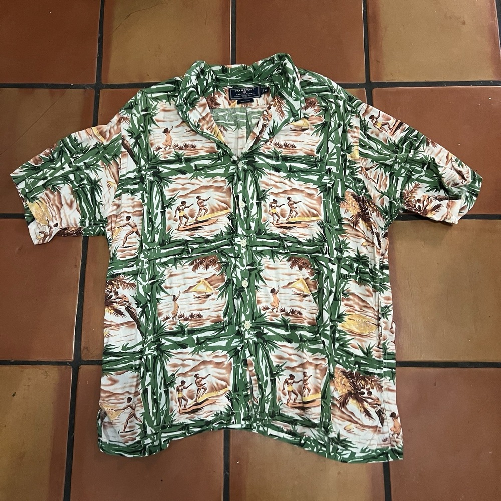 Polo Ralph Lauren Shirt Men XL Sport Hawaiian Loop Collar Palms Surfers Aloha
